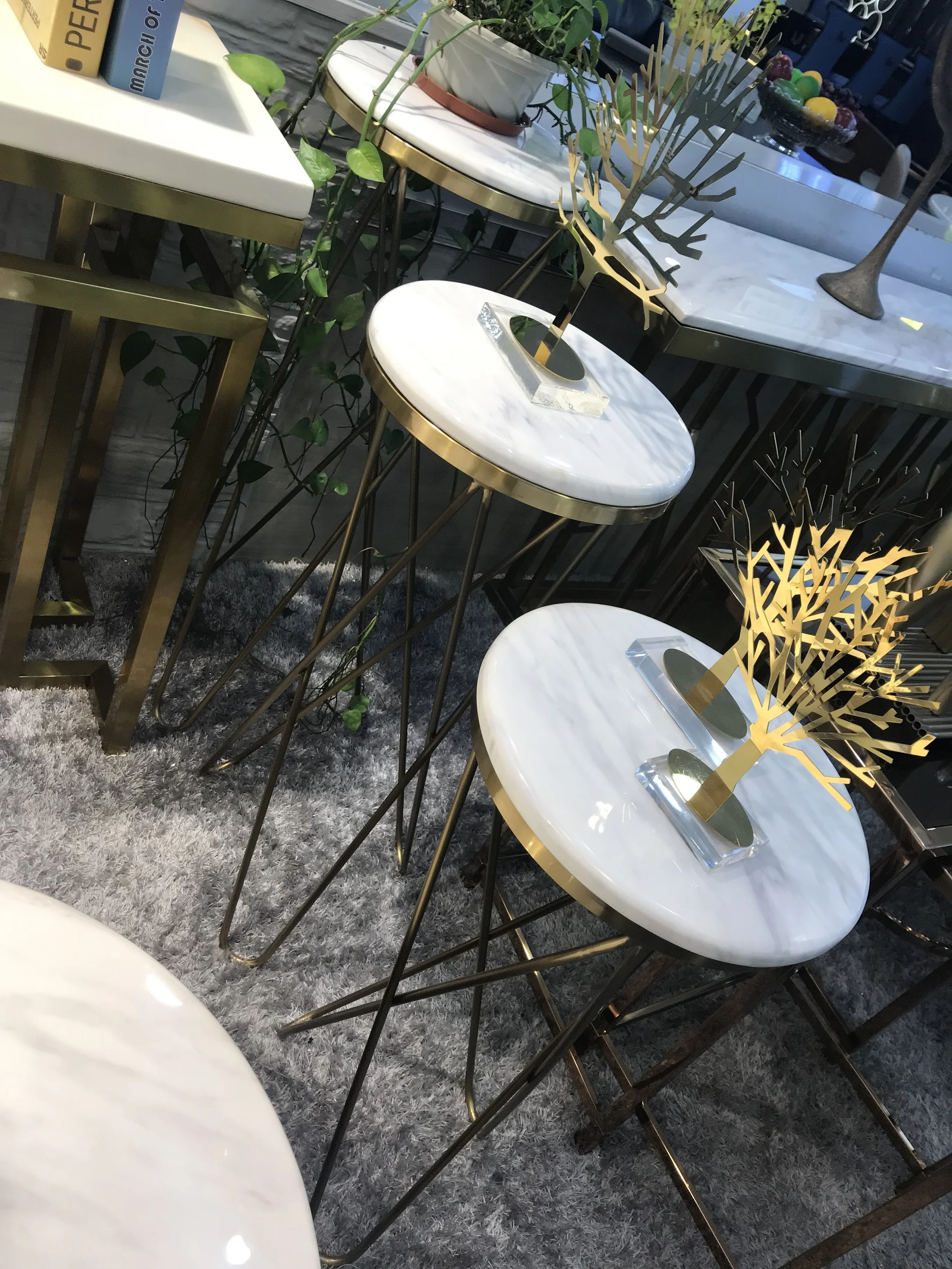 Set of 3pcs Display Stand Golden Plated Decoration Flower Stands with Marble Top Stainless Steel Frame Home Furniture Wedding