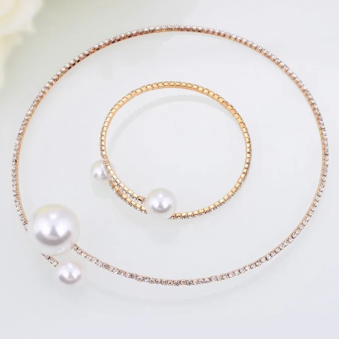 Pearl diamond crystal row diamond adjustable collar necklace bracelet two-piece set bride wedding dress accessories