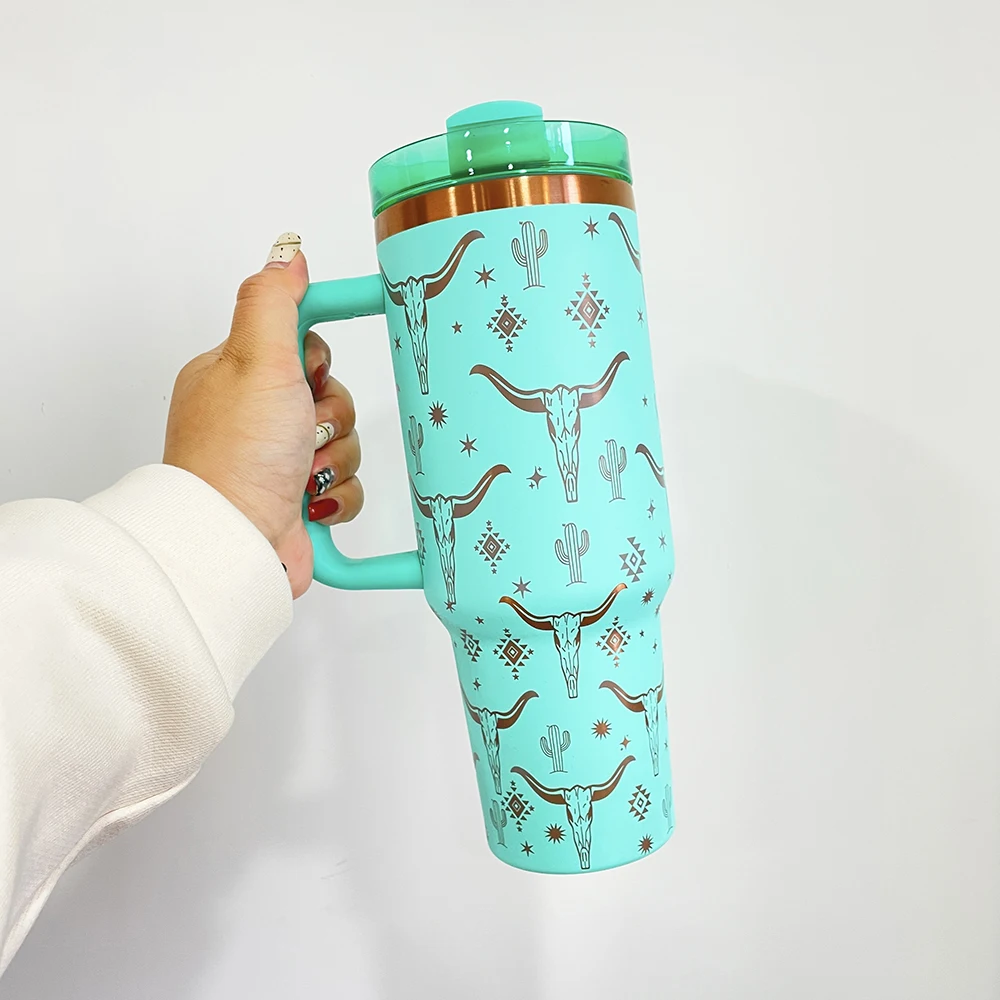 Laser Engraved H2.0 40oz Copper Tumbler Powder Coated Black Cream 40oz Tumbler With Handle Stainless Steel Camping Cup