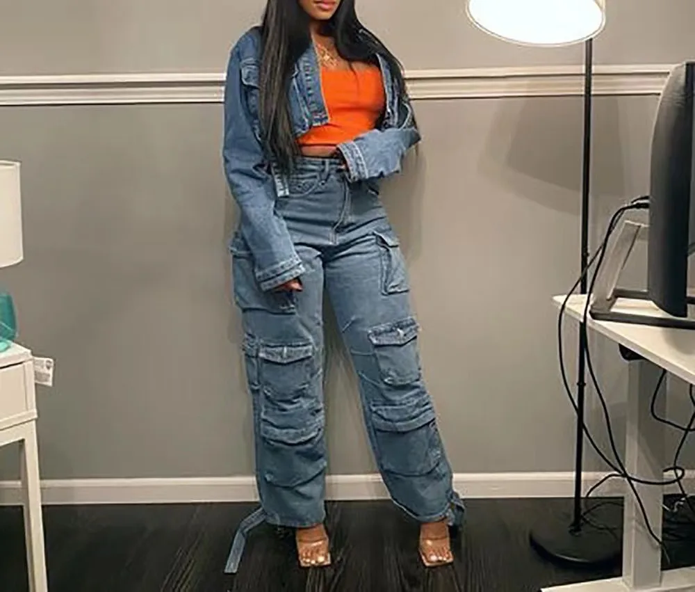 High Quality Streetwear Cargo Jeans Women Solid Color Wide Leg Pants Overall Baggy Jeans For Women 2024 Fall