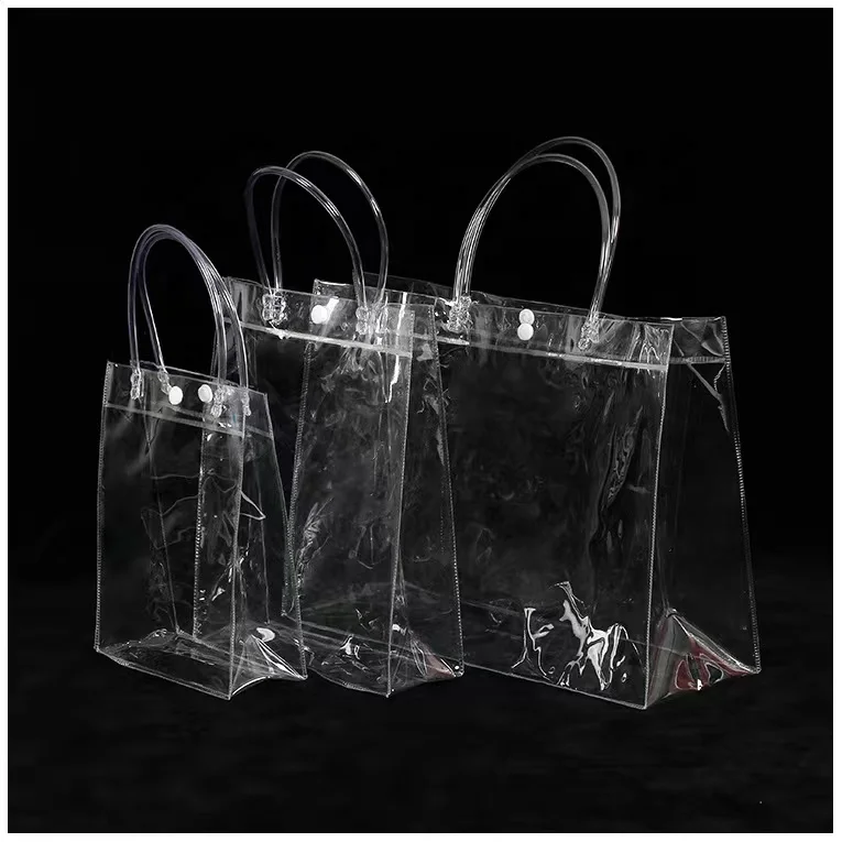 Clear transparent pvc shopping bags packing bag for gift and promotional with handle and button