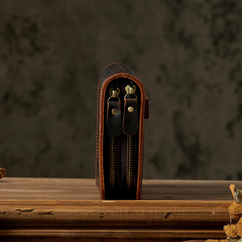 Vintage Genuine Leather Double Zipper Handbag Men Crazy Horse Leather Clutch Long Wallet Cowhide Leather Business Card Holder