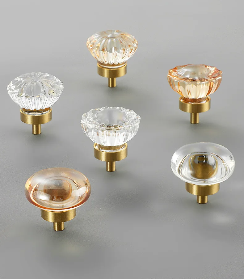 Light Luxury Transparent Crystal Brass Single Hole Cabinet Door Pull Handles and Knobs