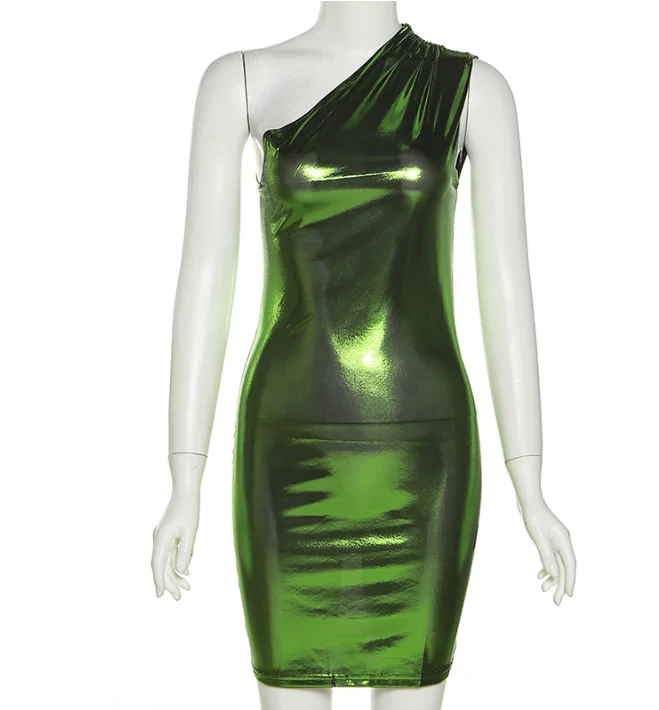 Fashion XS-XL Metallic bright mini dress women 2022 sexy club party sleeveless asymmetrical shoulder slim bodycon Dress