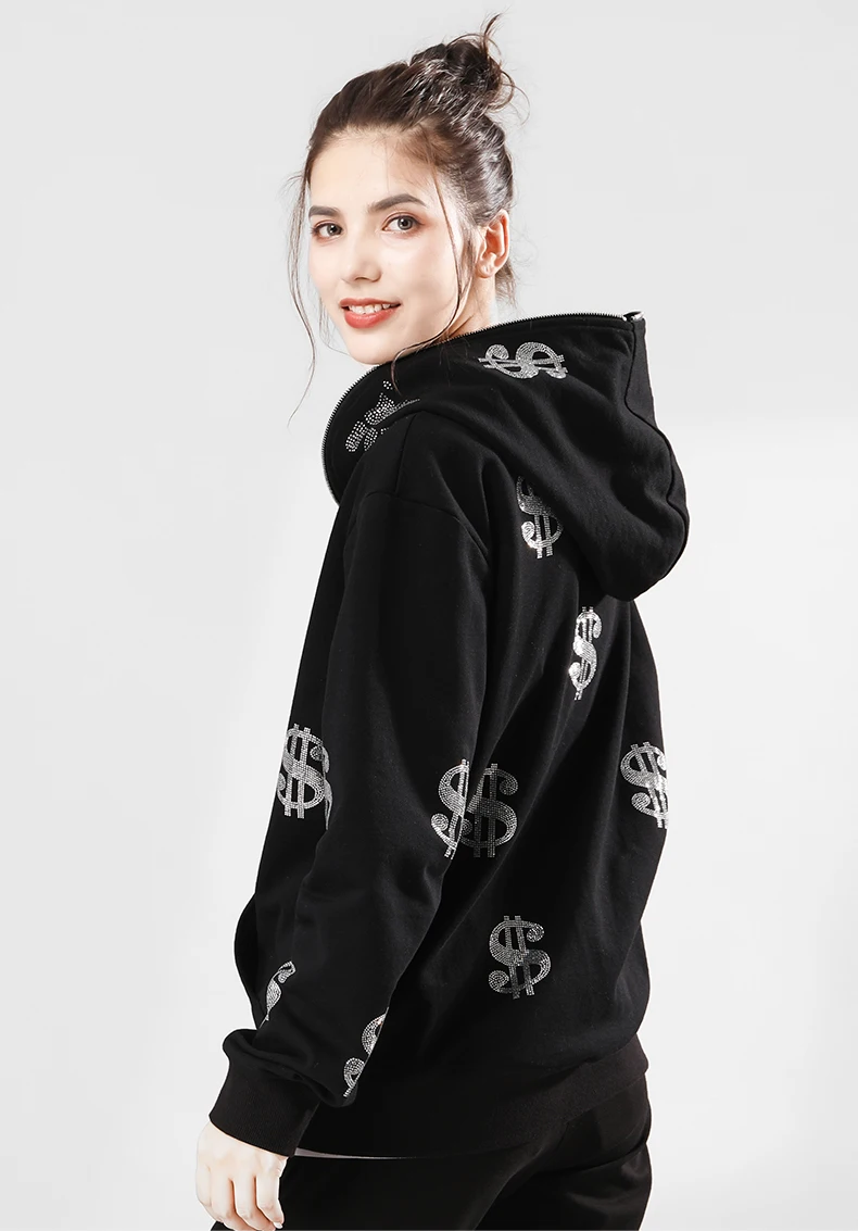 Customizable best quality oversized rhinestone hoodie heavyweight cotton custom design casual full face zip up