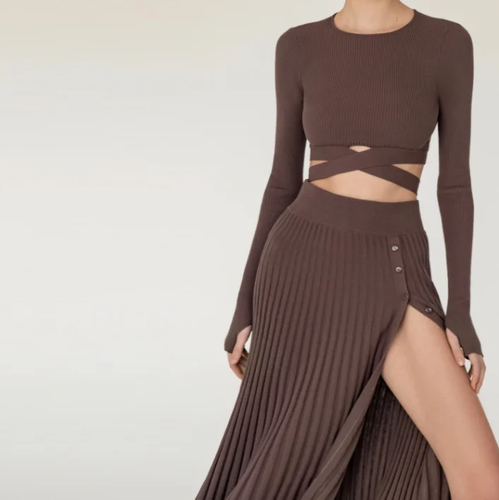 Factory custom spring  autumn round neck cutout when bandage long skirt sexy knit ladies sweater two piece casual dresses