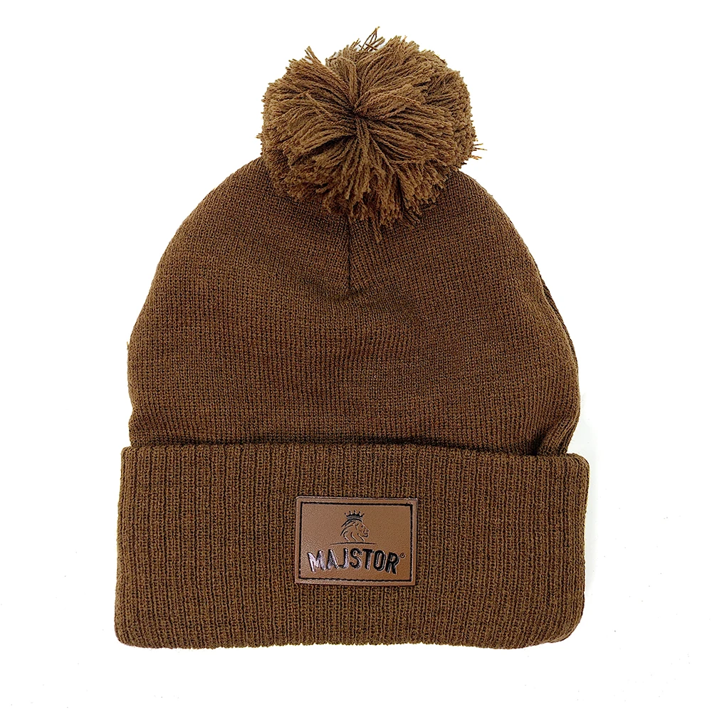 luxury PU acrylic men kids pompom Custom logo winter beanie knitted crochet baby wool hat with leather patch