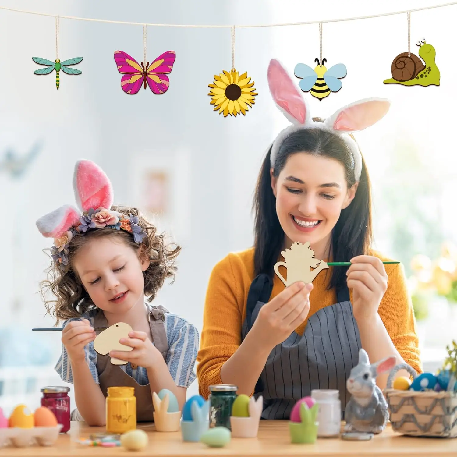 80PCS Wooden Spring Ornaments to Paint DIY Blank Unfinished Wood Cutouts Ornament for Home Crafts Hanging Decorations