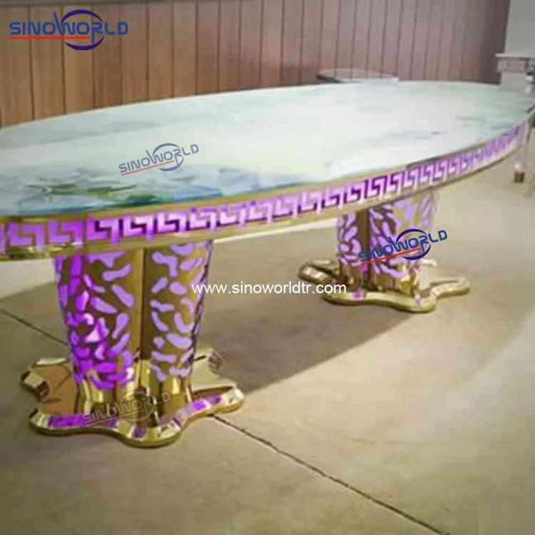 
modern design Oval shape marble mirror glass top metal base seater luxury dining table 