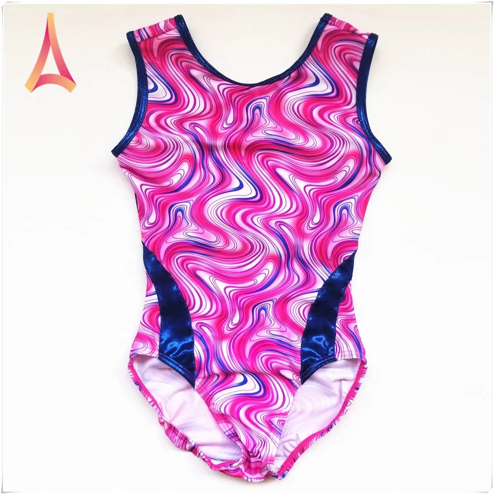 Pink marble lycra deep royal blue mystique trim low moq quality gymnastic leotard cute toddler gymnastics leotards