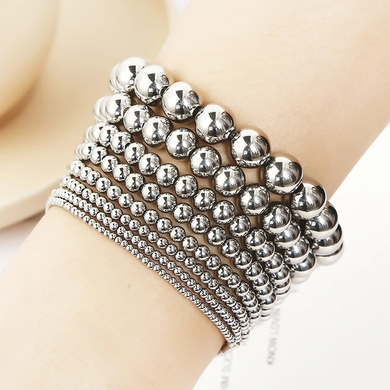 Fashion Jewelry Women Gifts Waterproof Metal Steel Ball Diameter 3-8mm High Quality Smooth Bead Elastic Stainless Steel Bracelet