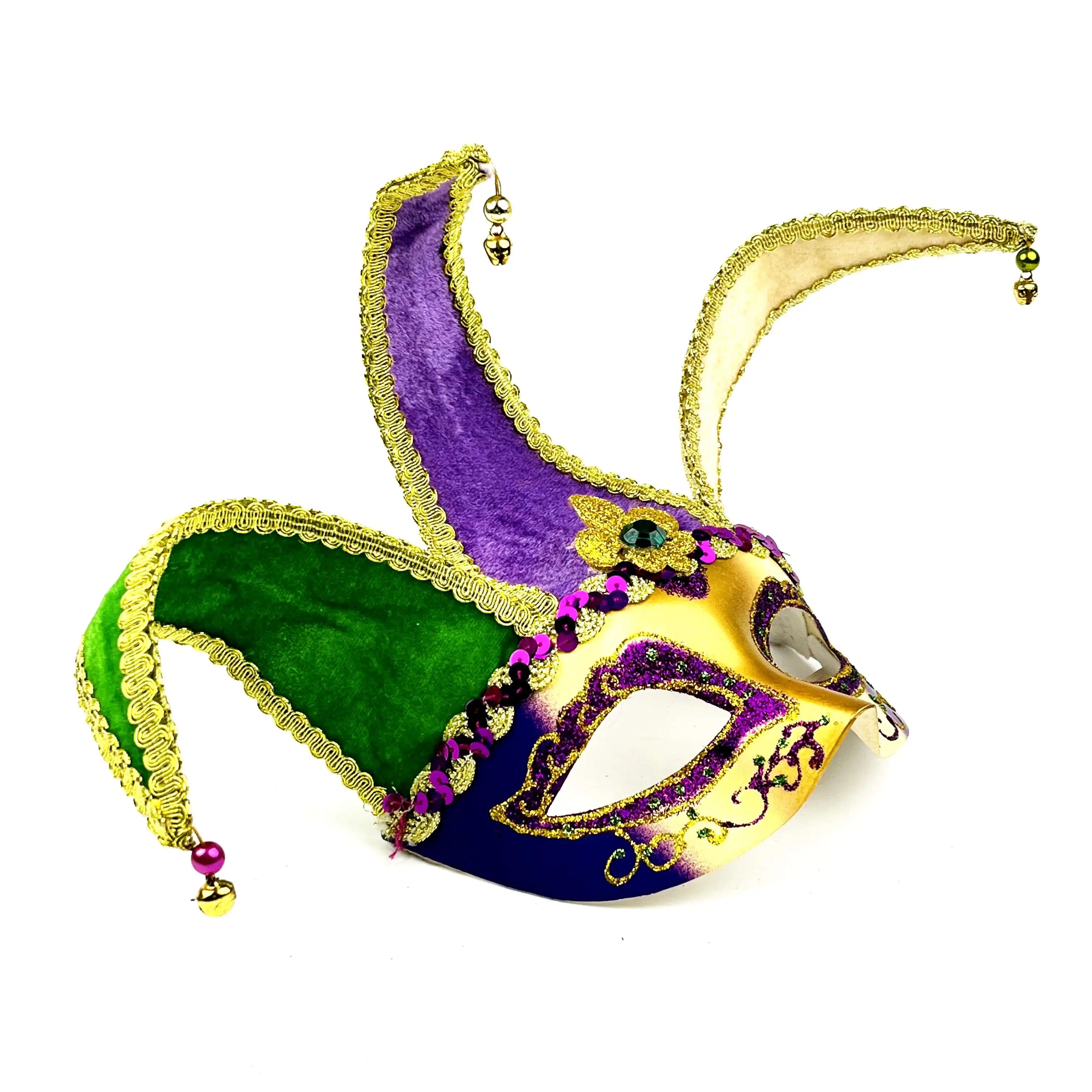 Mardi Gras  Clown Joker Fabric Mask Gold Green Purple with Small Bells Parades Carnival Masquerade Party Bells Clown Joker Masks