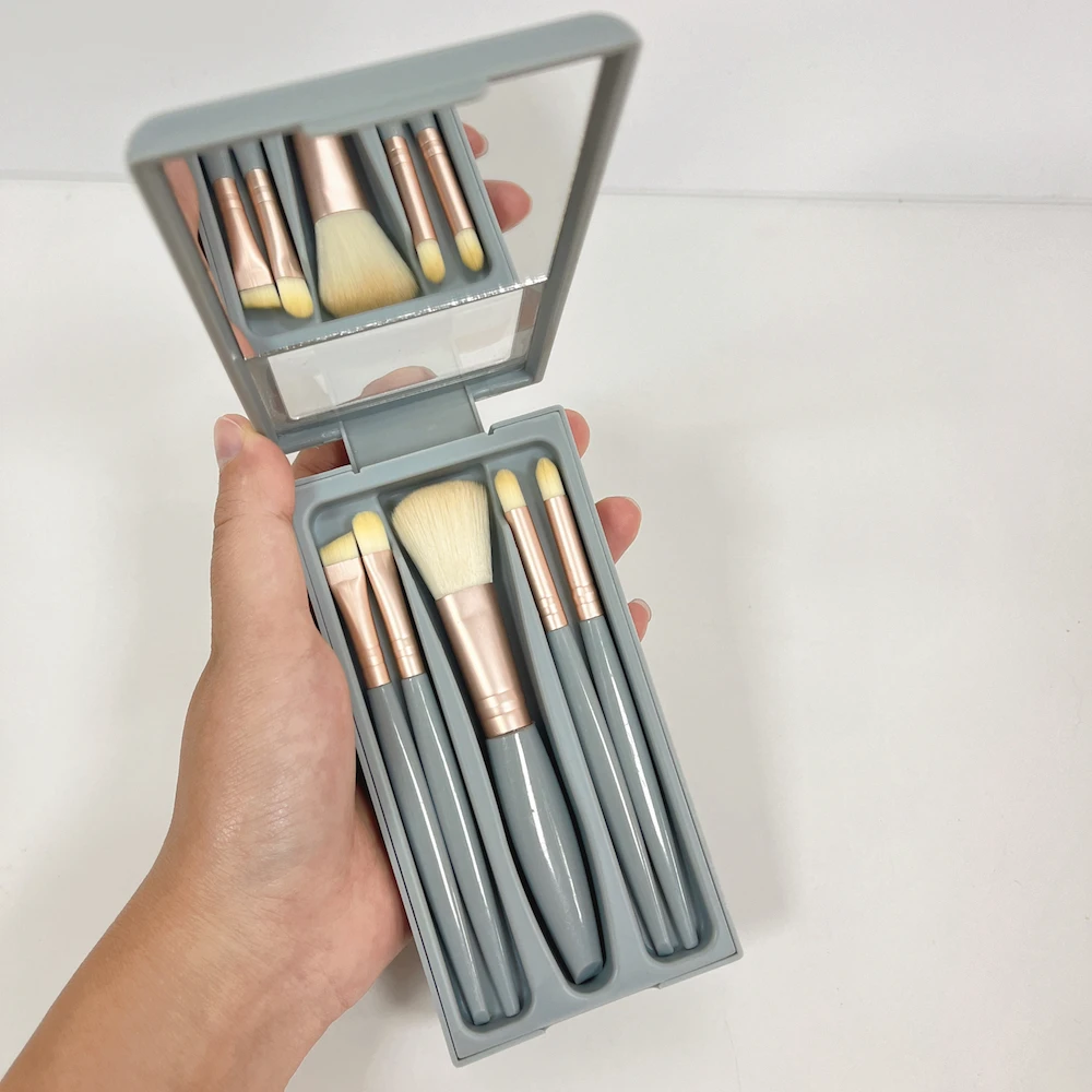 Custom Logo Travel 5Pcs Mini Portable Professional Makeup Brush Set Cosmetic Eye Shadow Nail Brushes Tool With Mirror
