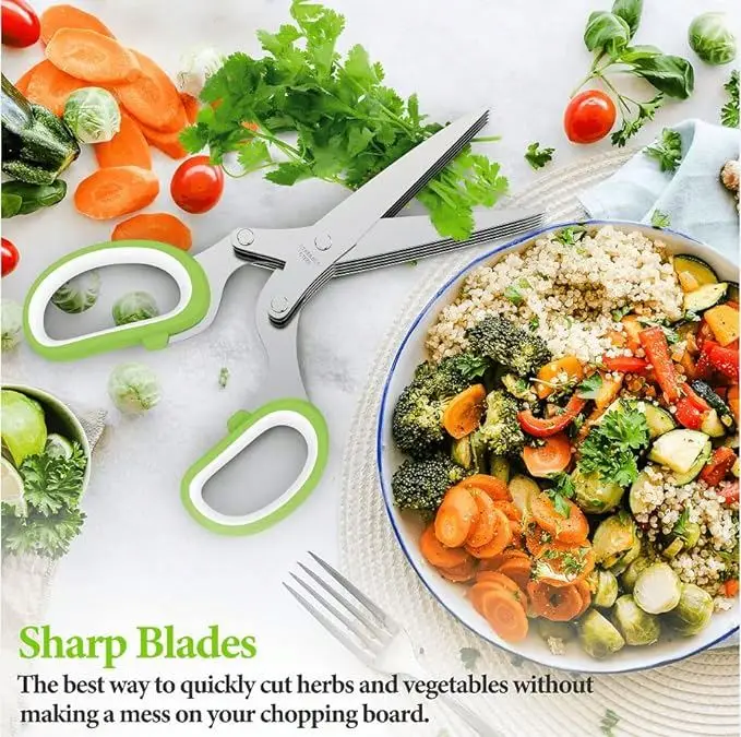 Multifunction Vegetable Kitchen Gadget Scissor Kitchen Herb Shear Cutter Stainless Steel 5 Blade Herb Scissor With Cleaning Comb
