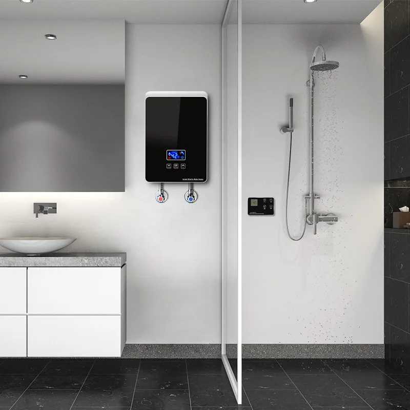 Anlabeier electric shower mini tankless water geyser 5500w with remote and LED screen multi point hot sale water heater