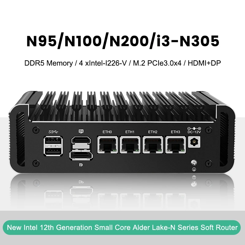 12th Gen In-tel Firewall Mini PC Alder Lake i3 N305 8 Core N200 N100 DDR5 4800MHz 4xi226-V Proxmox Host 2.5G Fanless Soft Router