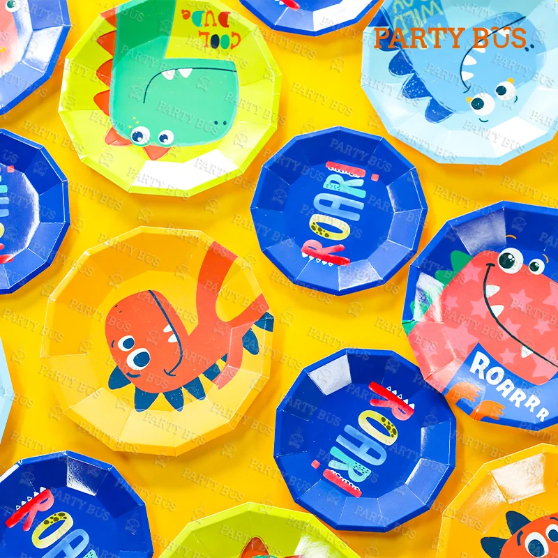 PARTYBUS 2021, оптовая продажа, товары для дня рождения с динозавром, одноразовые Мультяшные бумажные тарелки, чашки, наборы посуды для вечеринки для детей