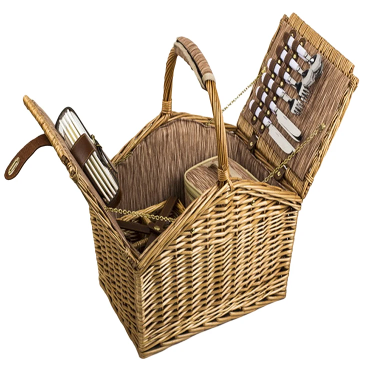 Mountain shape handmade natural rattan wicker 4 Person picnic basket set with carrying handle and glasses wick
