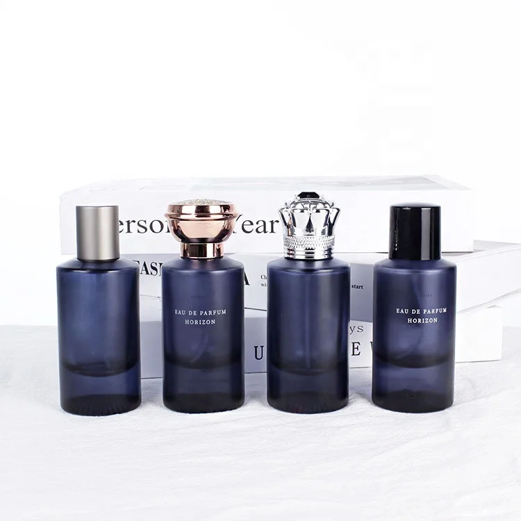custom color 55ml fancy style dark blue men empty luxury glass perfume bottle with black cap