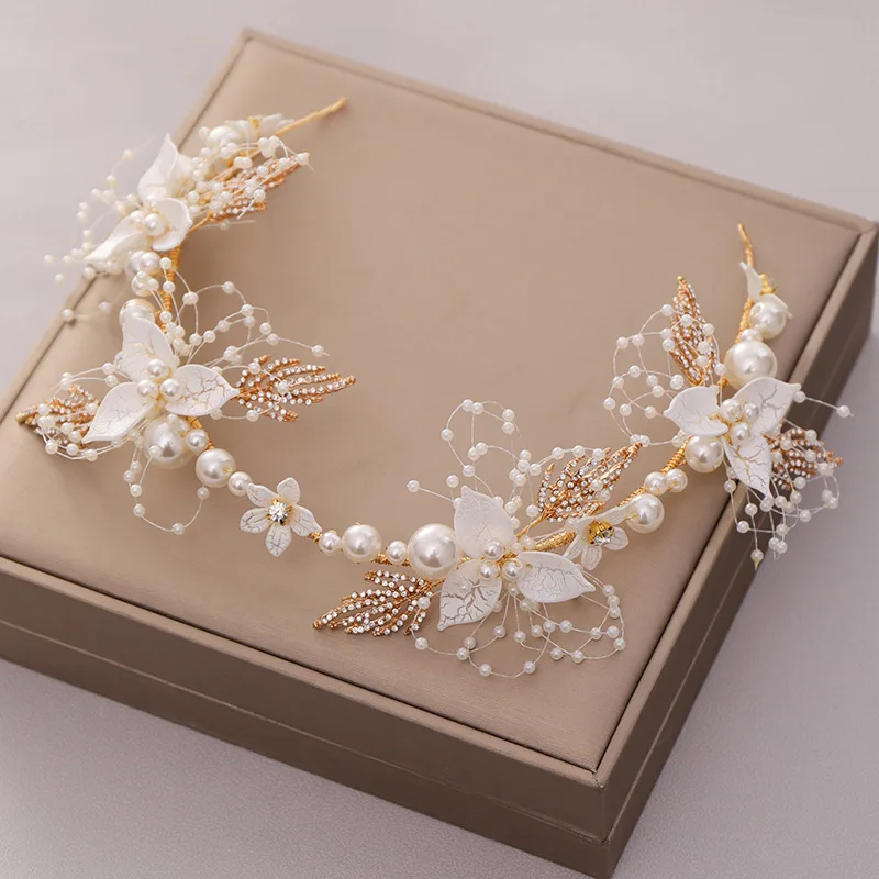 Luxury New Wedding Pearl Leaf Hair Band Bridal Tiara Fashion Handmade Crystal Hair Accessories Ladies Head Bridal jewelry