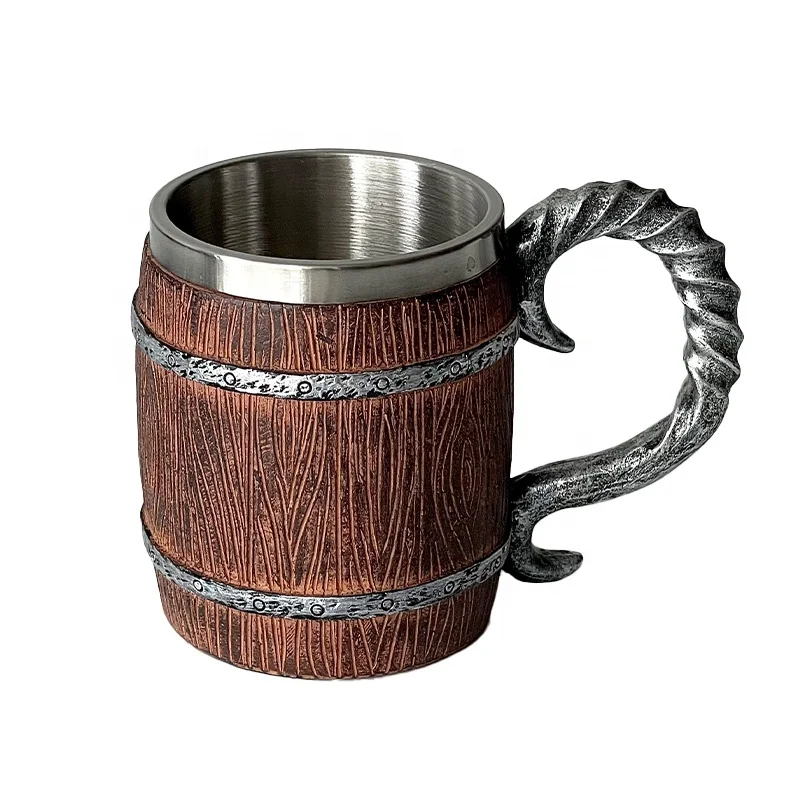 New Arrival Unique Oak Barrel Beer tankard Stein Stainless Steel Coffee beer Cup 300-600ML handmade Horn Resin Viking Beer Mug