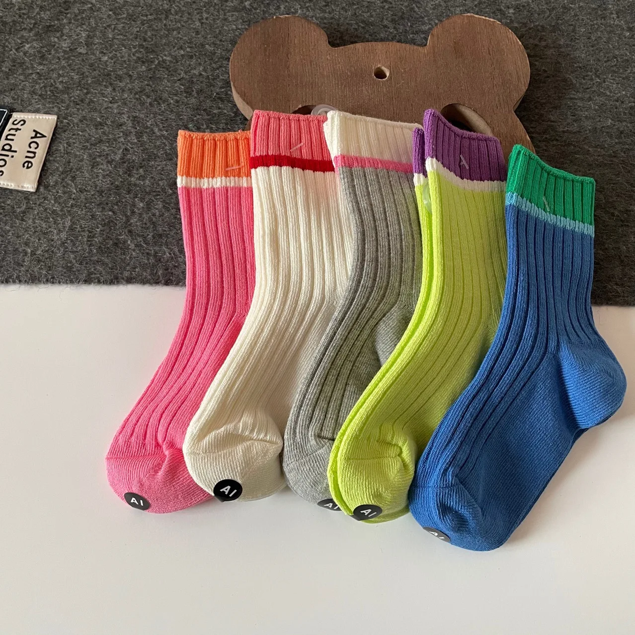 wholesale 5 Pairs Double Needle Solid Color Seamless Cotton Toddler Kids Ribbed Crew Socks