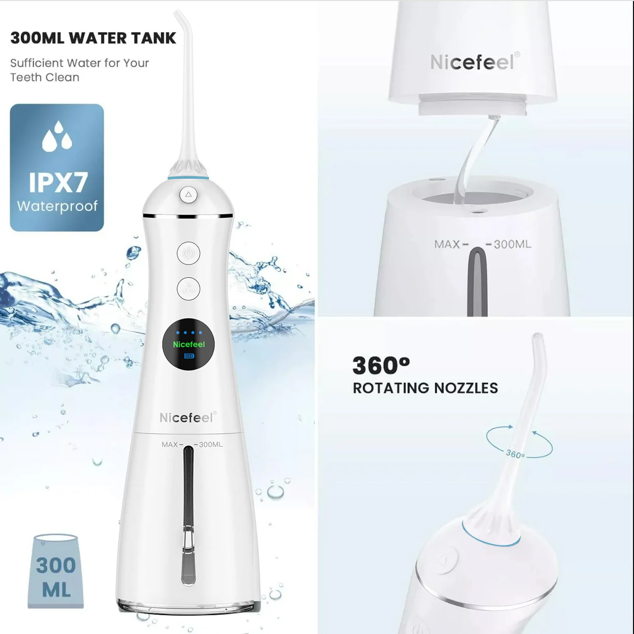 Portable USB Charger White Water Flosser Cordless Dental Cleaner Irrigator 300ML Capacity IPX7 Waterproof with 5 Nozzles