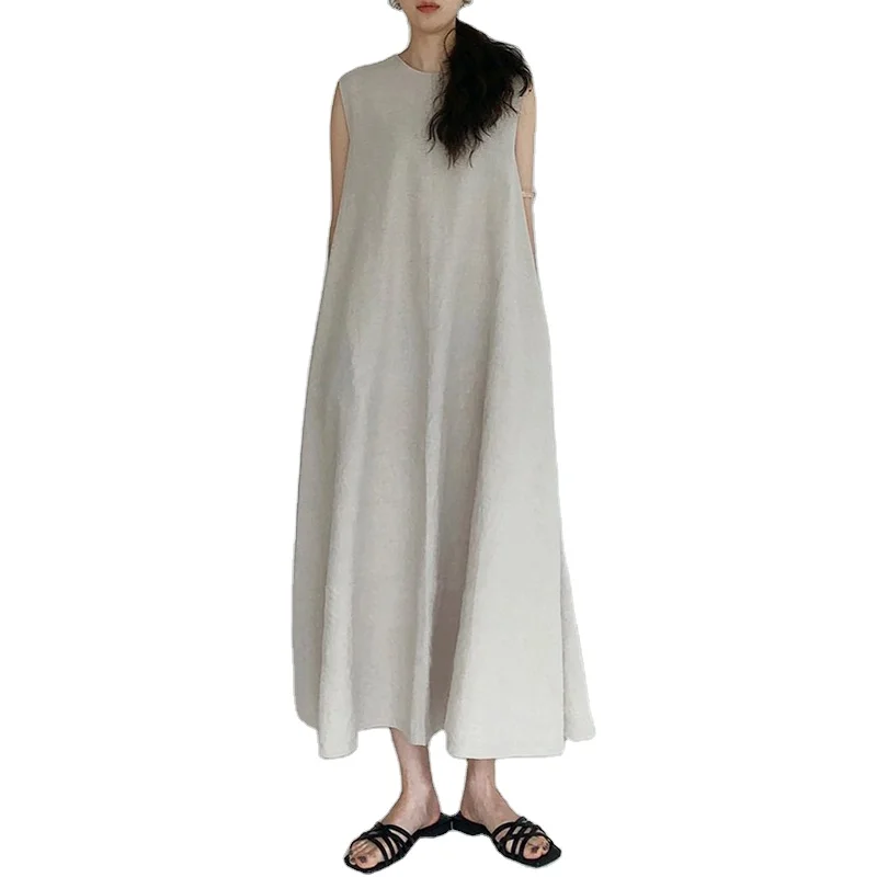 Korean Minimalist Round Neck Loose Solid Color Casual Big Swing Sleeveless Woman Long Maxi Dress