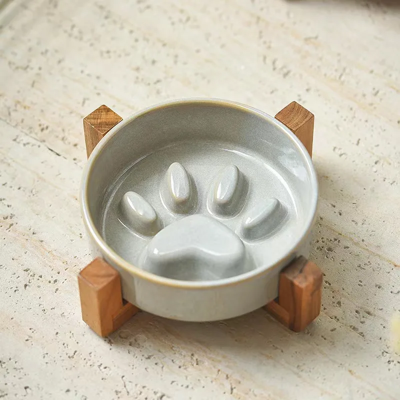 2023 Wholesale Pet Dog Bowl Ceramic Pet Slow Feeder with Wooden Frame Customizable Logo Color Packaging