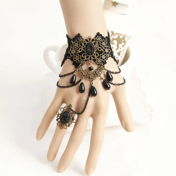 Makeup Ball Black Lace Sexy Vintage Lace Crystal Bracelet with Ring integrated chain
