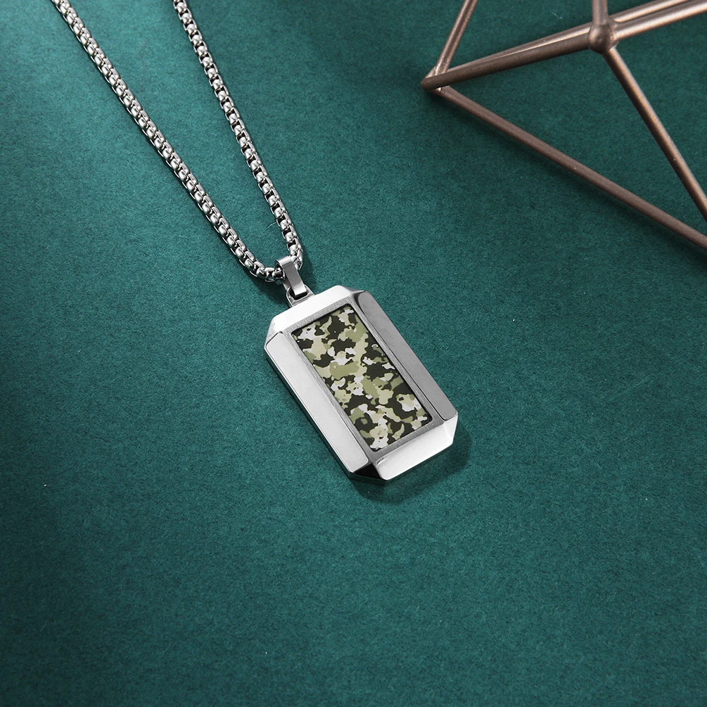 Custom Hexagonal Cut Adhesive Camouflage Military Dogtag Pendant Stainless Steel Necklace