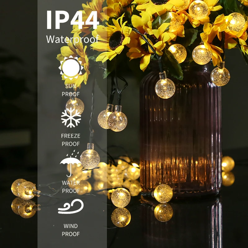 Outdoor Waterproof 48ft Crystal Globe Lights 8 Lighting Modes Holiday Party Garden Yard Decoration 30 LED Solar String Lights