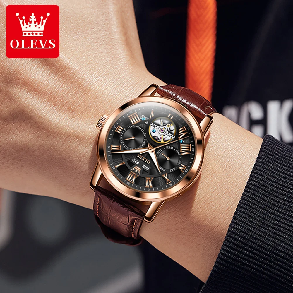 OLEVS 6668 Luxury Wrist Men Watch Waterproof Sport Leather Automatic Mens Mechanical Watches For Men