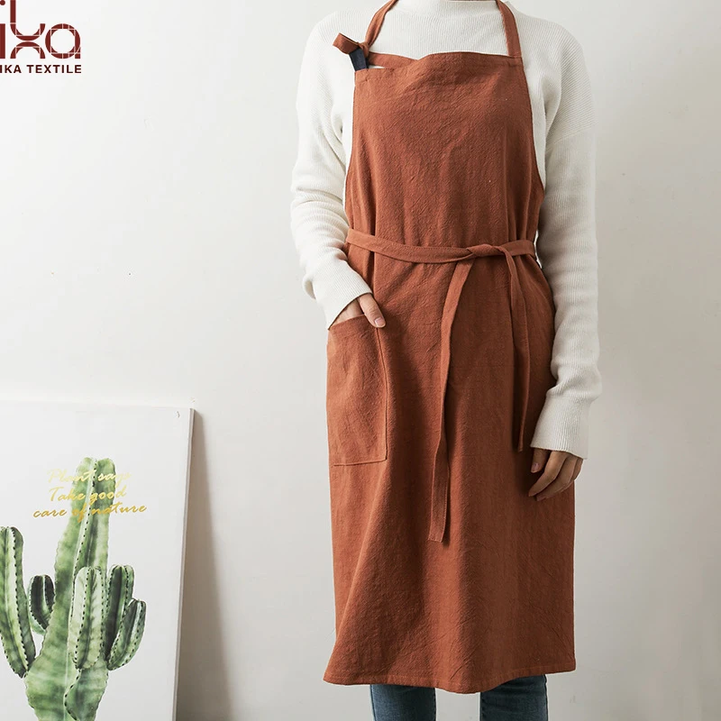 Logo Custom Cotton and Linen Wholesale Ladies Cross Back Nordic Aprons Coffee Shop with Pockets