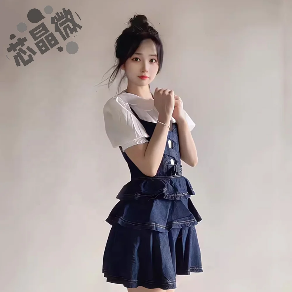 French princess tutu skirt shirt denim suspender dress lively short skirt was thin and sweet