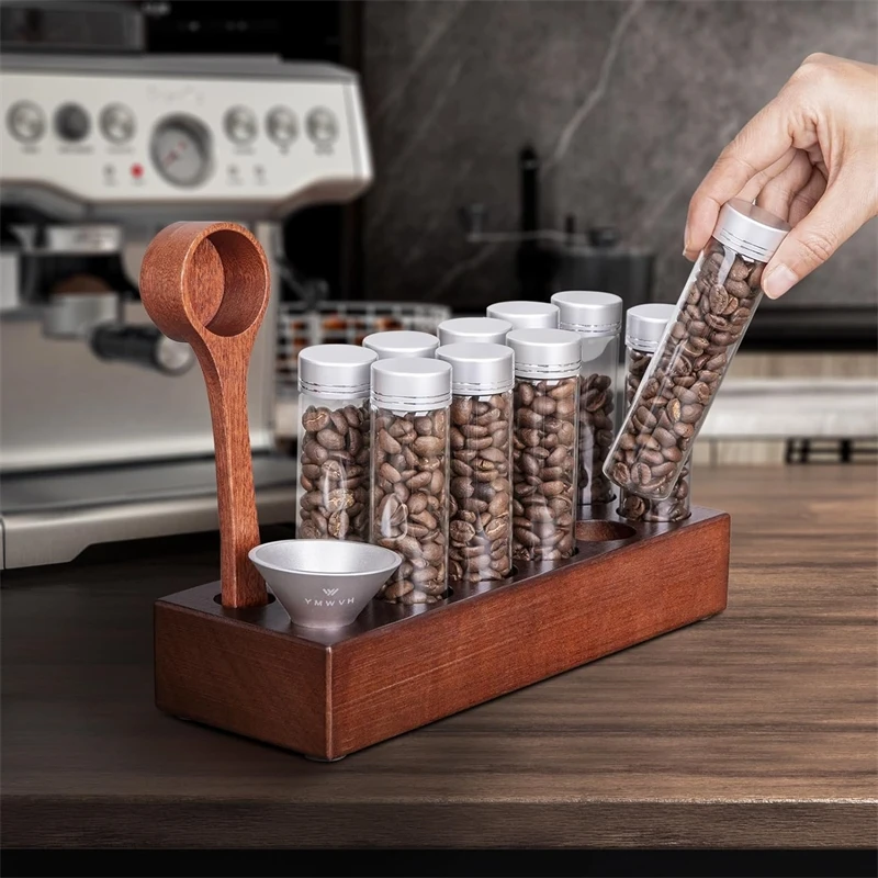 Coffee Bean Storage Wooden Display Stand with Funnel Coffee Spoon for Coffee Bean Glass Tube Display Rack Set