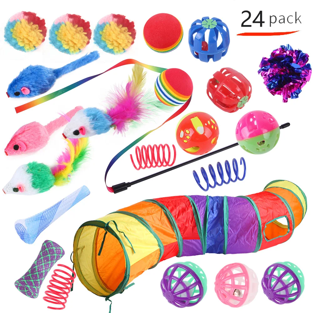 24 Packs Assortments Cat Kitten Toys Tunnel, Teaser Wand Toy Fluffy Mouse Crinkle Balls Cat Tube