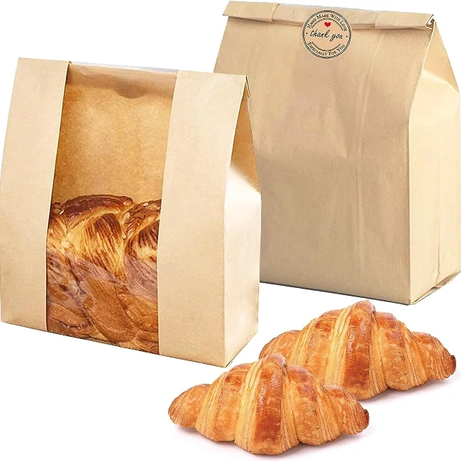 Custom Bakery Bread Kraft Paper Bag with Tin Tie Tab Kraft Paper Bag with Clear Window Toast Paper Bags with Your Own Logo