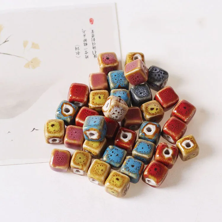 CC1822 Vintage Square Ceramic Beads, Handmade Pottery, Porcelain Beads for Jewellery Making