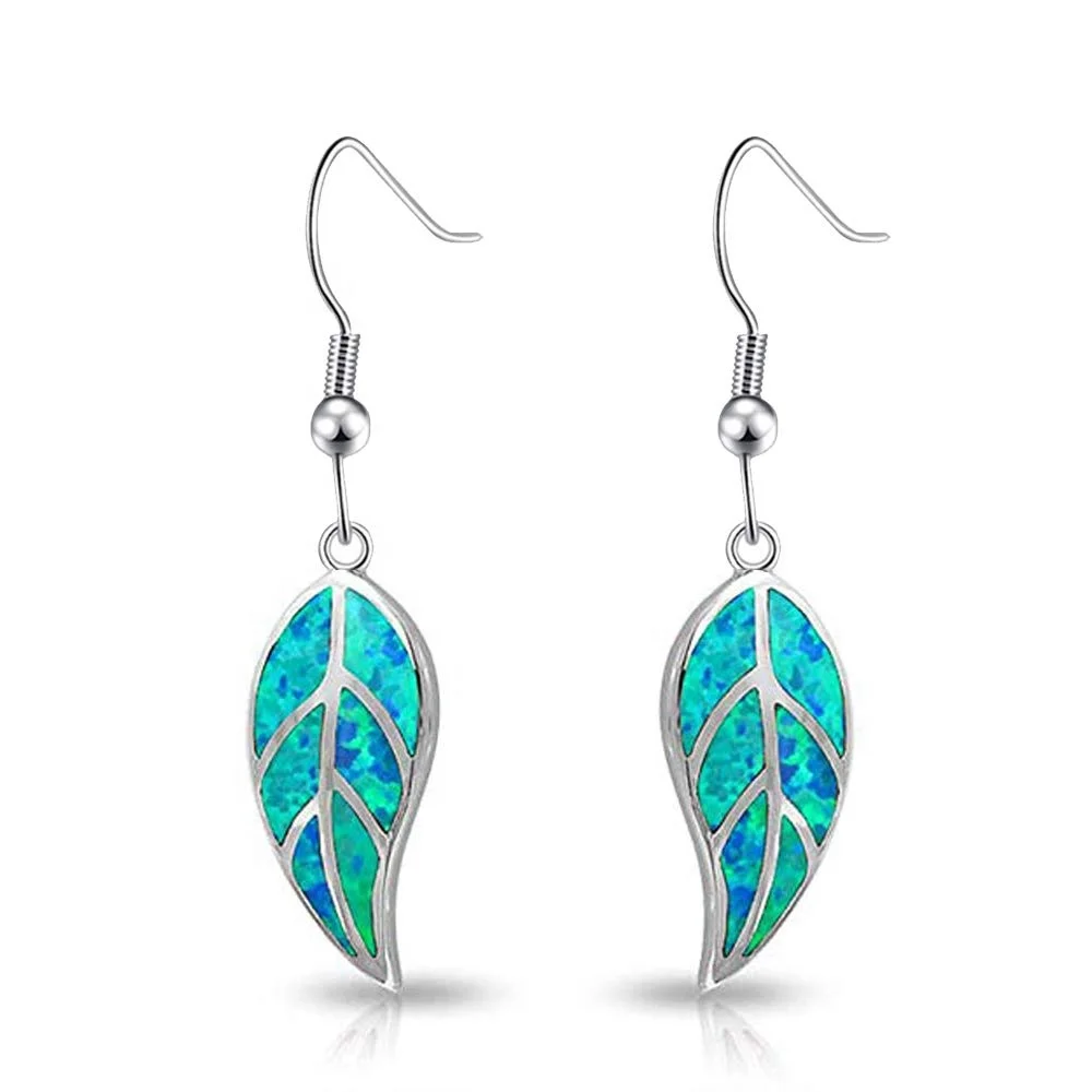Manufacturer Wholesale Fashion Blue / Green Fire Opal Leaf Drop Earring Jewelry For Lady