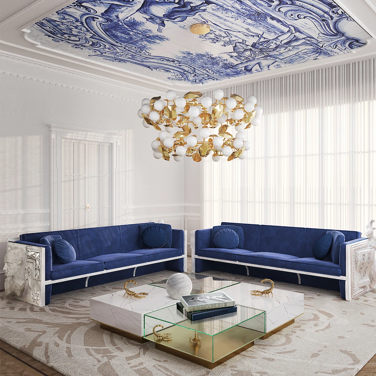 Modern Design Luxury Couch Living Room European Fiberglass Retro Relief Carved 3 seat Solid Wood Fabric Velvet Sofa