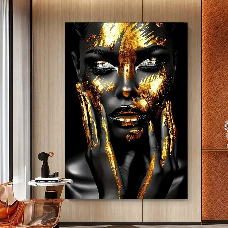 Modern African-Inspired Golden Splash Canvas Art Print Wall Art Contemporary Artistic Woman Luxury Decorative Painting