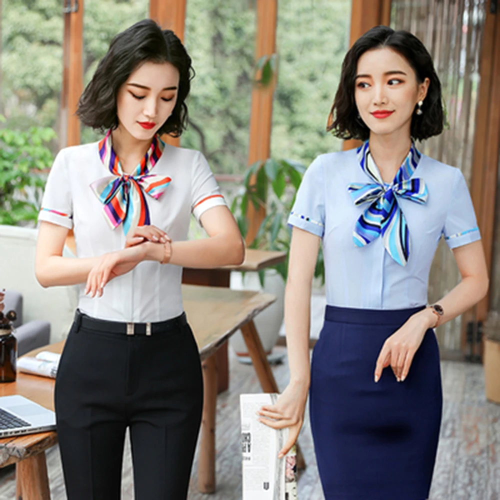 Professional women silk scarf collar short sleeved white shirt Korean slim white shirt beautician hotel waiter overalls Uniform (1600183963497)