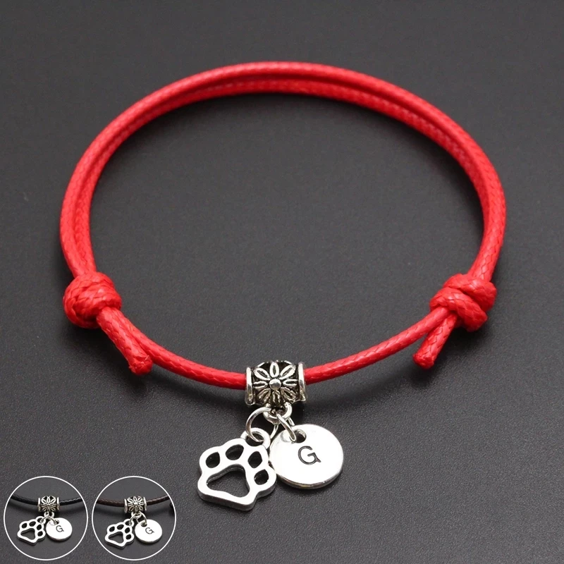 100 Colors Gifts for Dog Cat Lover String Rope English Alphabet Initial Name Paw Prints Best Friend Pendant Charm Bracelets