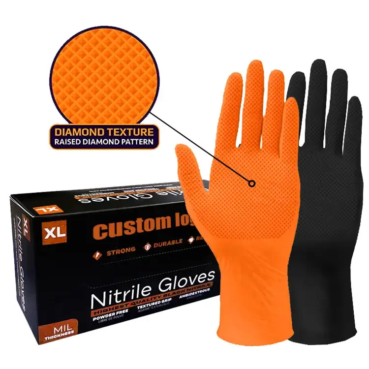10 Mil 12 Mil Industry Mechanic Heavy Duty Oem logo Custom Food Car Cleaning Truck Auto Diamond Texture Nitrile Glove Gloves