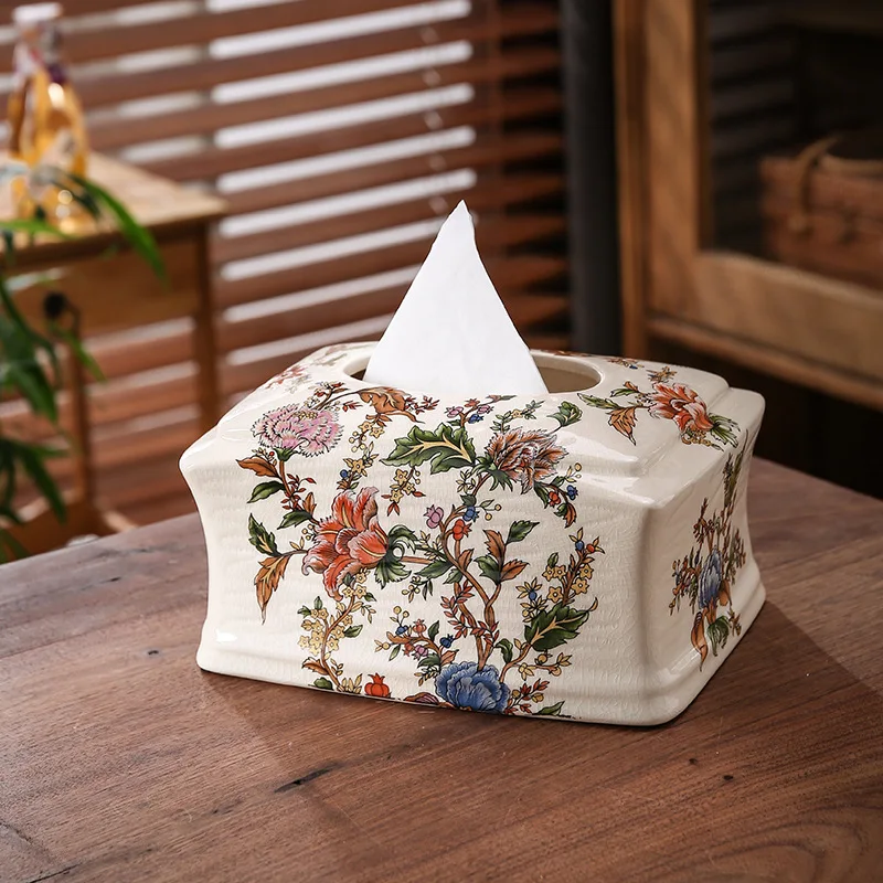 2024 Home Decor Fashion Ceramic Crafts Creative American Style Rustic Country Style White Floral Porcelain Tissue Box Holder