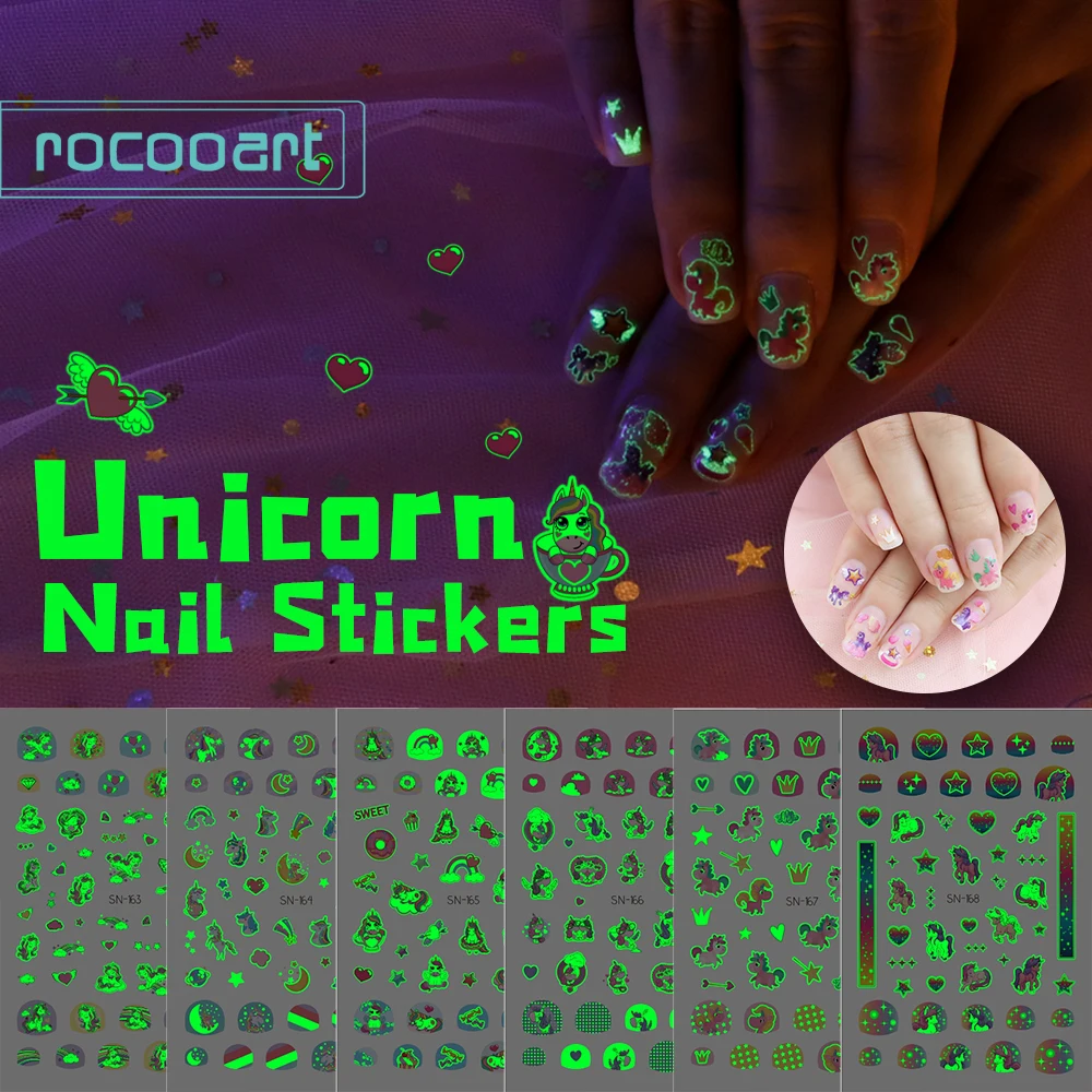 100+ Luminous Nail Stickers For Kids Girls Self-Adhesive Nail Art Unicorn Animal Nail Stickers Decals Glow in The Dark Stickers