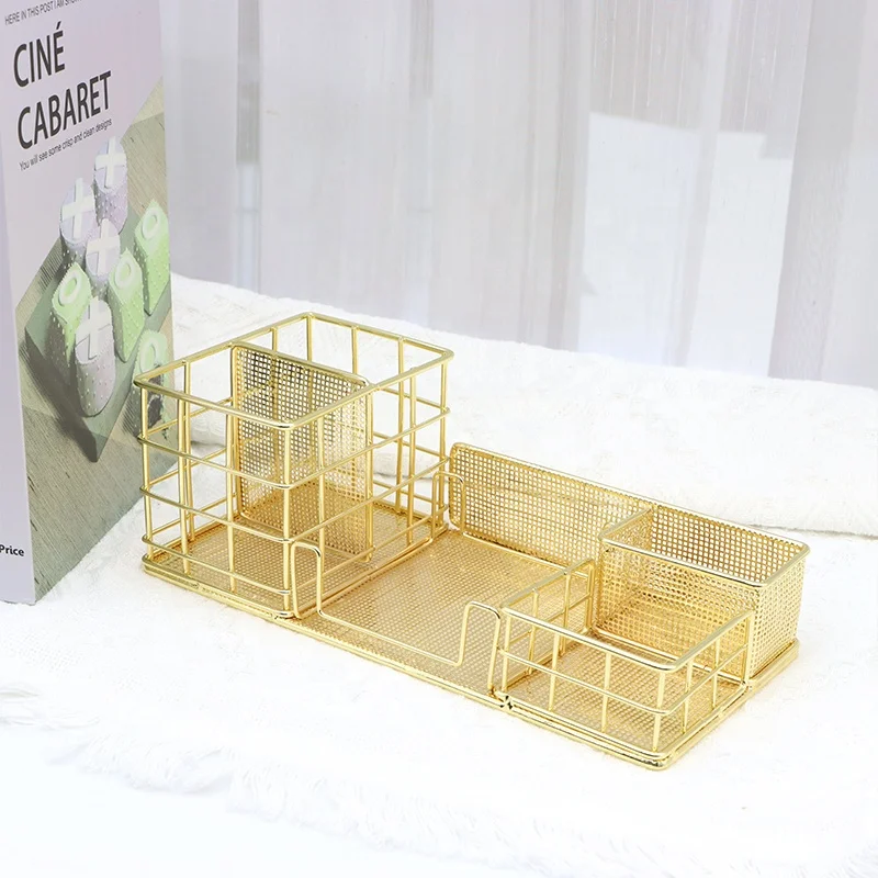 Gold Desktop Storage Manufacturer Custom Books Pens Organizer Basket