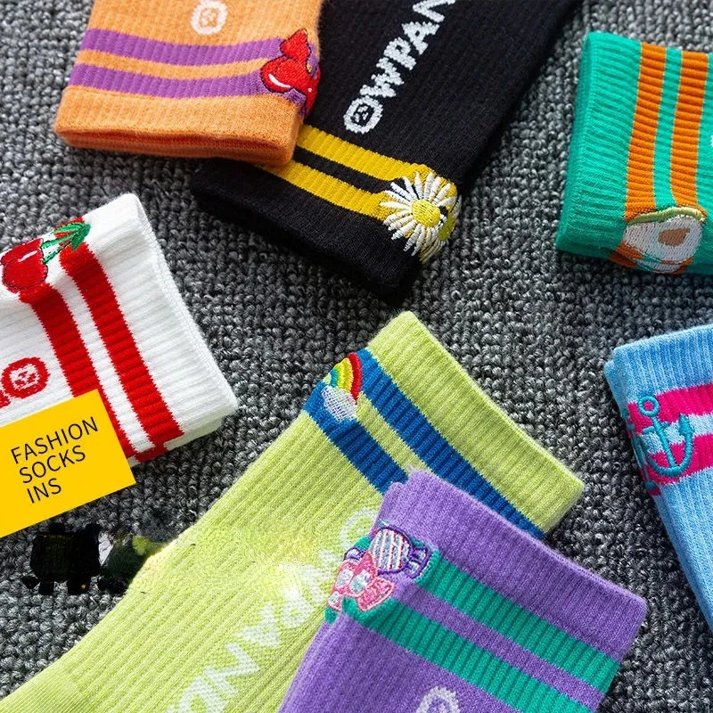 7/Lot Cotton Knitting Striped Long Socks Solid Color Harajuku Retro Black White Crew Socks Japanese High School Girls Cute Socks