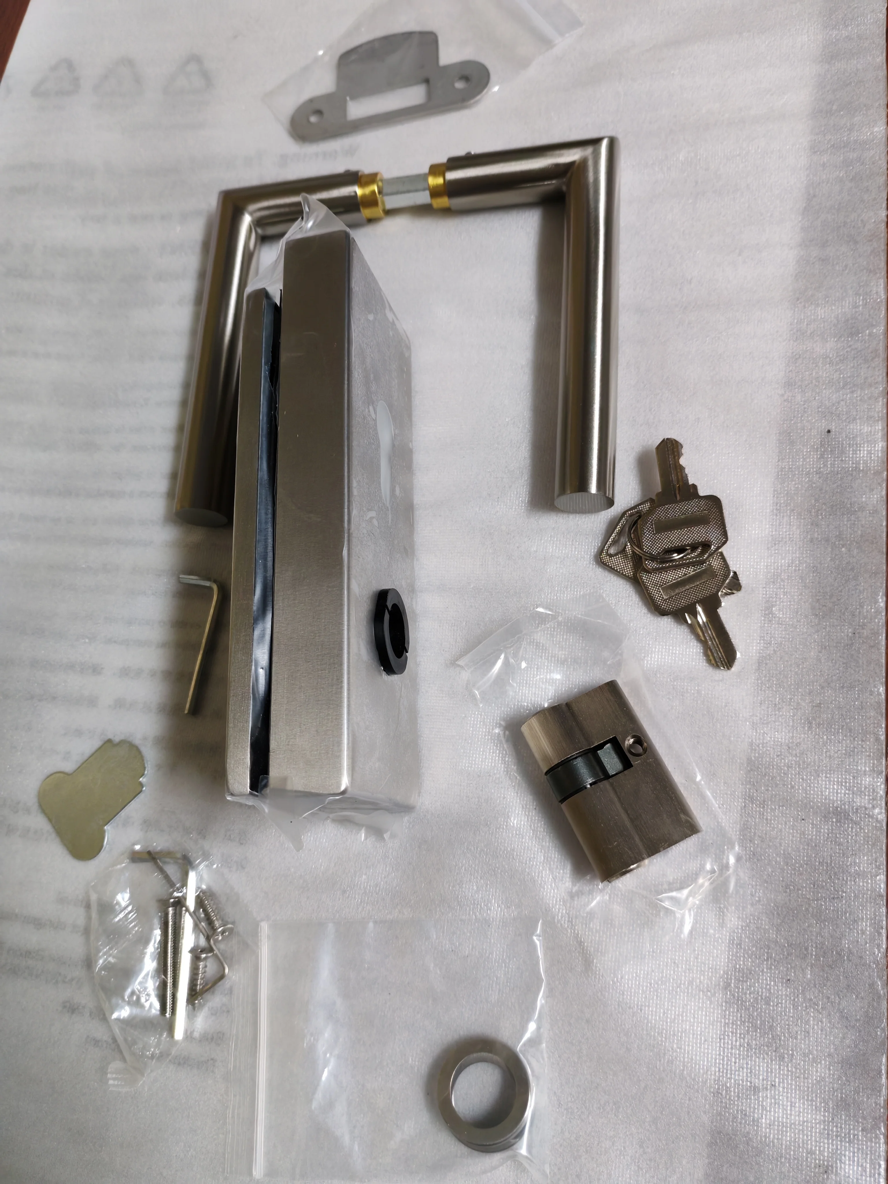 Square satin nickel office  center glass door handle set with lock G050 mechanism and movable or active handle